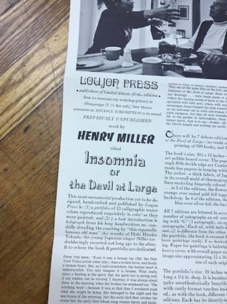 Broadside Prospectus for the Loujon Press publication of Henry Miller's INSOMNIA OR THE DEVIL AT LARGE