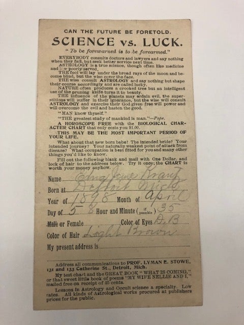Item #21-1204 "Can the Future be Foretold. Science vs. Luck..." small advertising sheet for Detroit's Lyman D. Stowe's Astrological service.