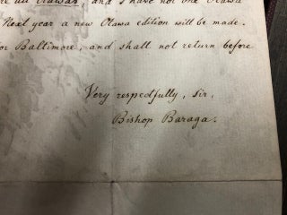 Handwritten letter from Bishop (Frederic) Baraga to Rev. Father Wermers, dated Marquette Sept. 17, 1866 where he replies to Rev. Rather Wermers' request for "Indian prayer-books"