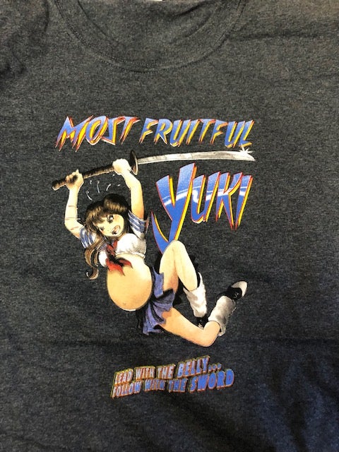 Item #21-junot-shirtgray Dark Gray t-shirt advertising the movie JUNO with "Most Fruitful Yuki" with illustration on front, "Juno December 2007" on reverse, size XL only.