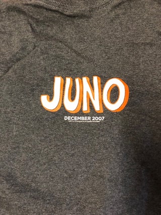 Dark Gray t-shirt advertising the movie JUNO with "Most Fruitful Yuki" with illustration on front, "Juno December 2007" on reverse, size XL only.