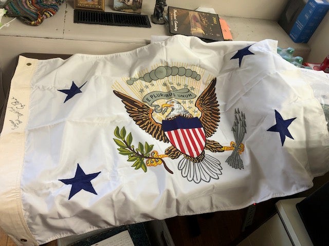 Item #22-2367 VICE-PRESIDENTIAL FLAG SIGNED BY GEORGE (H.W.) BUSH, BARBARA BUSH, AND GERALD R. FORD ON HEADER.