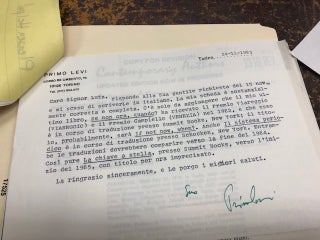 Item #22-2636 TYPED LETTER SIGNED BY PRIMO LEVI ON HIS LETTERHEAD, 24-11-1983. Primo Levi