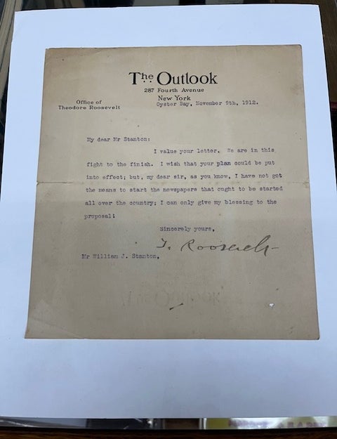 Item #22-2687 TYPED LETTER SIGNED BY THEODORE ROOSEVELT ON "The Outlook" LETTERHEAD, NOVEMBER 9, 1912. Theodore Roosevelt.