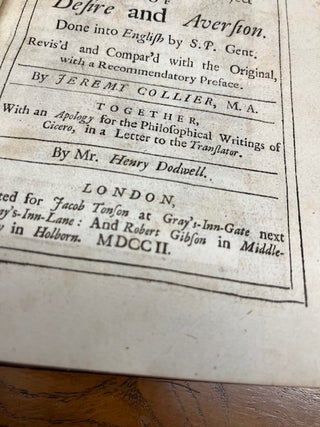 TULLY'S FIVE BOOKS DE FINIBUS; Or, Concerning the Last Object of Desire and Aversion...Revis'd and Compar'd with the Original...By Jeremy Collier...[John Evelyn's copy]