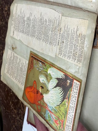 A "Mark Twain's Adhesive Scrap Book" given as a gift to Nettie (Annette Bush, Jackson, Michigan) from Emma M. Peake on May 17th, 1878 who has filled it with colorful advertising cards