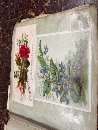 A "Mark Twain's Adhesive Scrap Book" given as a gift to Nettie (Annette Bush, Jackson, Michigan) from Emma M. Peake on May 17th, 1878 who has filled it with colorful advertising cards