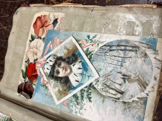 A "Mark Twain's Adhesive Scrap Book" given as a gift to Nettie (Annette Bush, Jackson, Michigan) from Emma M. Peake on May 17th, 1878 who has filled it with colorful advertising cards