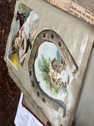 A "Mark Twain's Adhesive Scrap Book" given as a gift to Nettie (Annette Bush, Jackson, Michigan) from Emma M. Peake on May 17th, 1878 who has filled it with colorful advertising cards