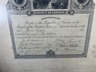 Donation Certificate: STATUE OF LIBERTY Presented By The Republic of France to the People of the United States of America, hereby certify that James Shearer contributed the sum Ten dollars for the erection of a suitable Pedestal for this Magnificent Monument