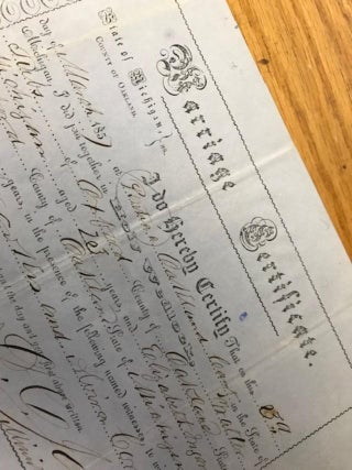 Printed marriage certificate for a wedding performed by the Rev Daniel C. Jacokes.