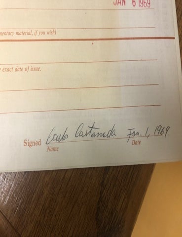 Item #99-5249 Biographical Questionnaire Signed by Carlos Castaneda January 1, 1968. Carlos Castaneda.