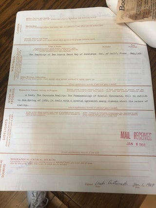 Biographical Questionnaire Signed by Carlos Castaneda January 1, 1968