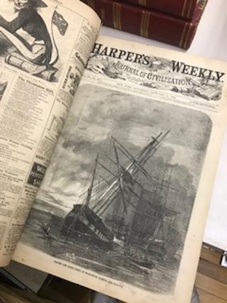 Item #99-5678 HARPER'S WEEKLY, Journal of Civilization, Vol IV No. 158 (January 7, 1860) through Vol. IX No. 470 (December 30, 1865- only one leaf) [six bound volumes of Harper's Weekly, Civil War era].