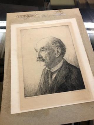 Etched portrait of "Thomas Hardy O.M." by Alfred J. Bennett and signed by Bennett