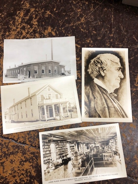 Item #99-9379 Group of four real photo postcards of Thomas Edison and his recreated Menlo Park buildings at Greenfield Village.